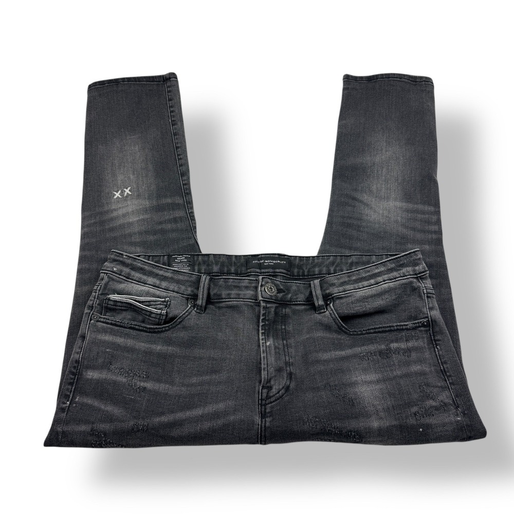 CULT OF INDIVIDUALITY Mens Punk Super Skinny Black Denim Jeans W40 L32‎